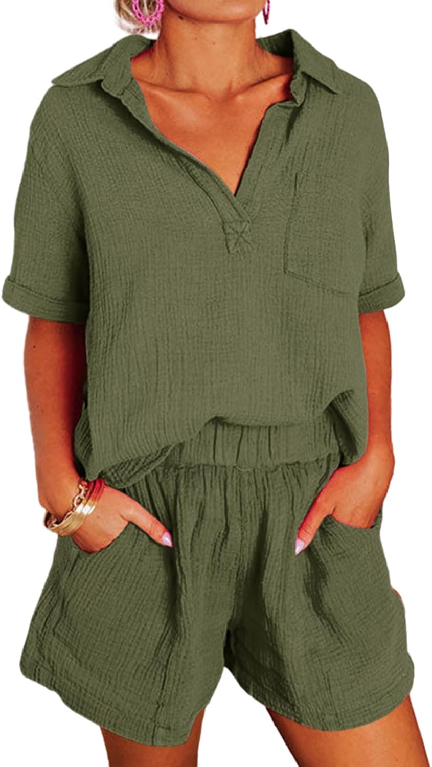 Dokotoo Women Two Piece Outfits V Neck Shorts Lounge Sets