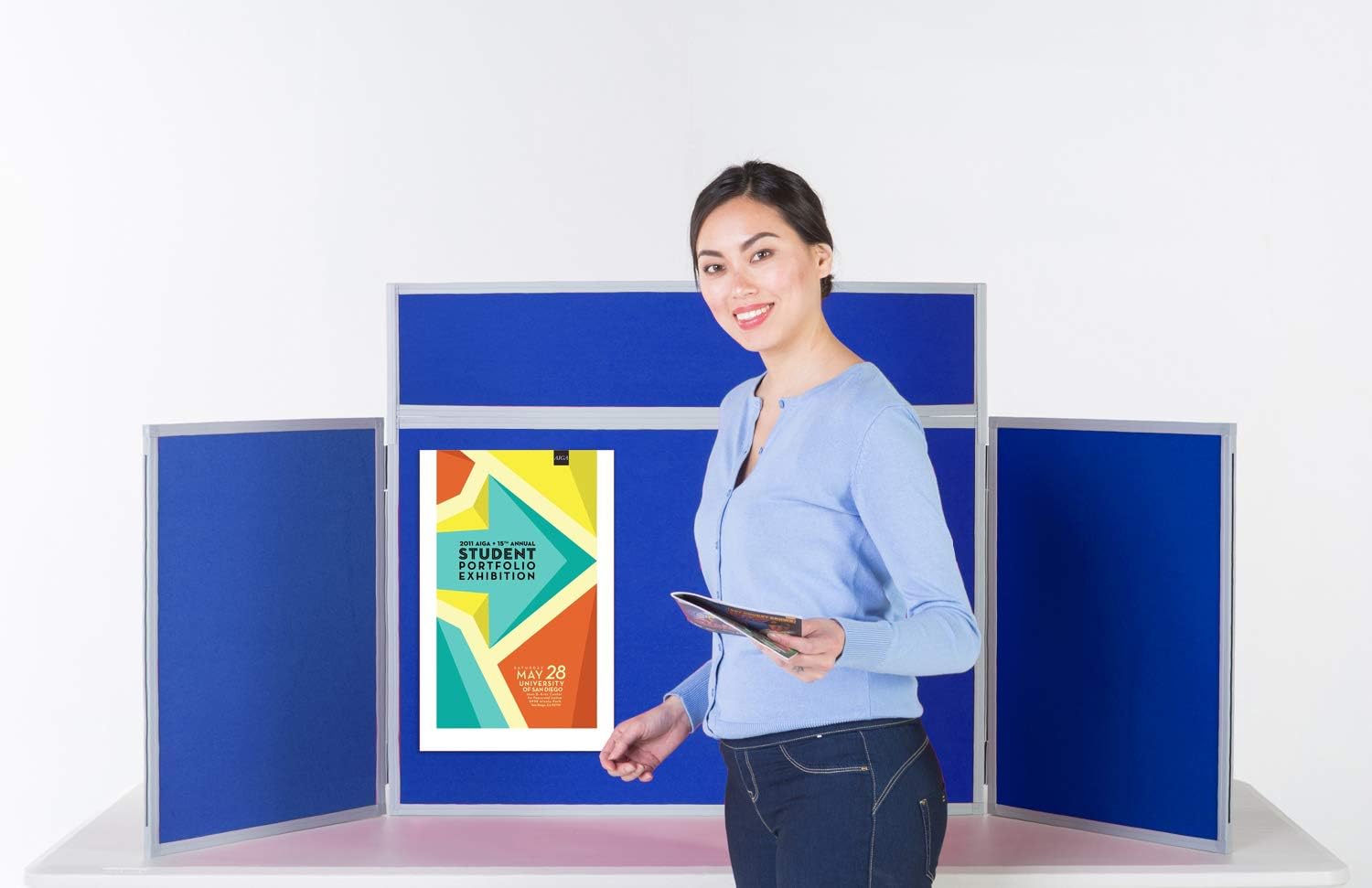 – Wonderwall Foldaway Tabletop Exhibition 3 Panel Display Kit| Dual-Sided | Royal Blue/Grey |Landscape Style| with Bag, Header, Adhesive Dots Starter Pack|for Healthcare, Schools, Events,