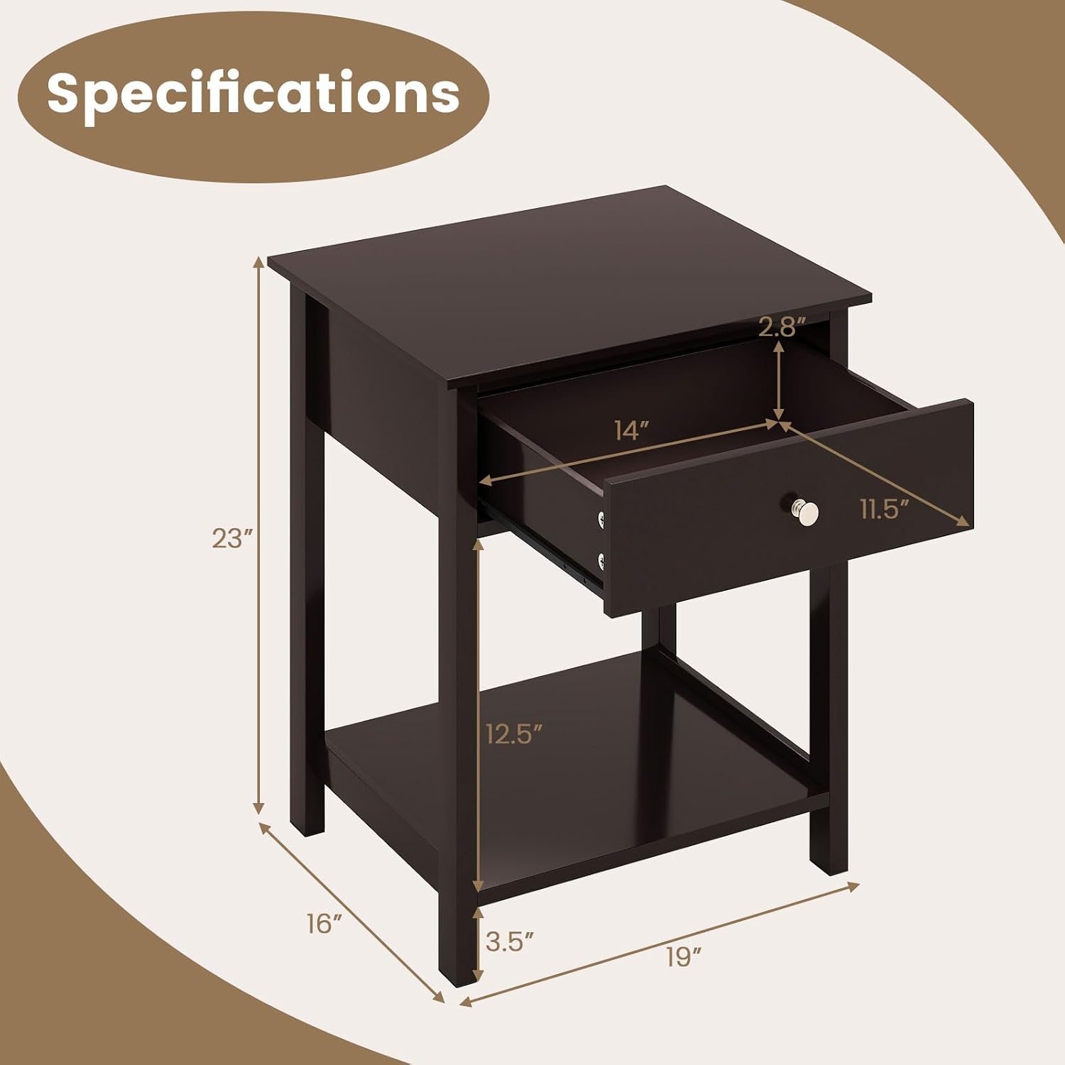 KOMFOTT Wood Nightstand with Drawer, Bedside Table with Open Shelf, Mid-Century End Table for Sofa Side & Bedroom