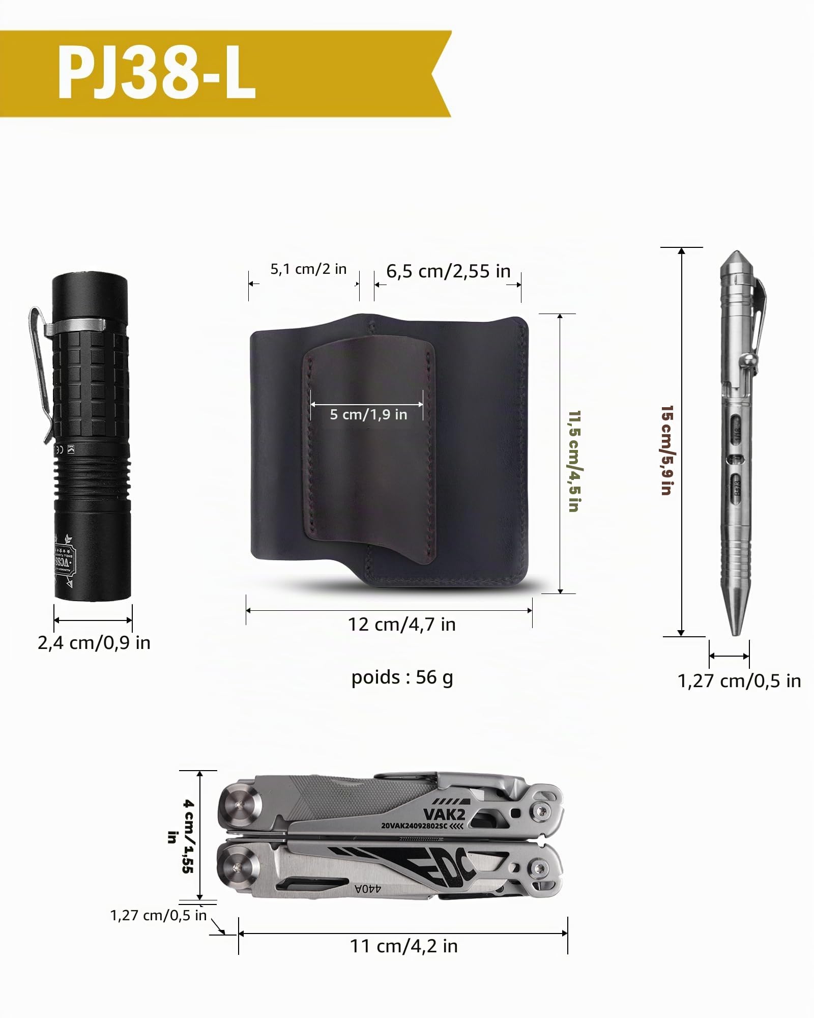 Étui EDC en Cuir VIPERAED PJ38, étui Multifonction en Cuir à 4 Poches, étui EDC Portable pour Homme, Lampe de Poche, Stylo, Couteau de Poche Pliable, Outil Multifonction