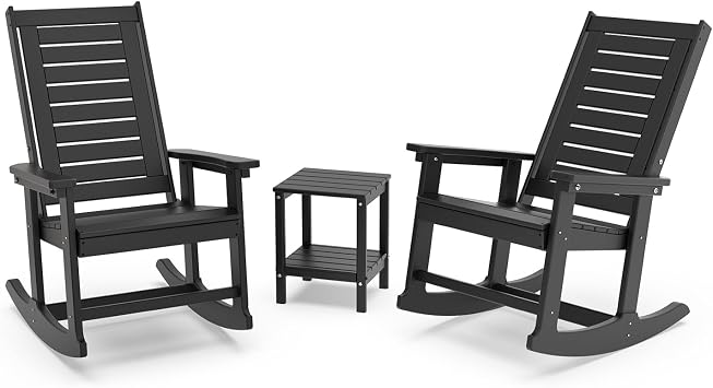 GREENVINES Outdoor Rocking Chair Set | 3-Piece | 2 Rocking Chairs with 1 Side Table | Porch Rocker | HDPE Plastic | Black | Patio Furniture Sets | High Back | Big & Tall | Ladder Back