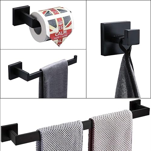 Miniatura 6 de Juego de 4 piezas de accesorios de baño de color negro mate cuadrado de acero inoxidable SUS304 montado en la pared, incluye toallero de 24