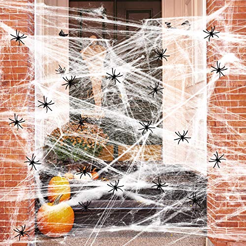 MengNi 1000 m² Spinnennetze, Halloween-Dekorationen mit 60 extra gefälschten Spinnen, super dehnbare Spinnweben für Halloween, Party, Dekoration, Innen- und Außenbereich, Partyzubehör Cover
