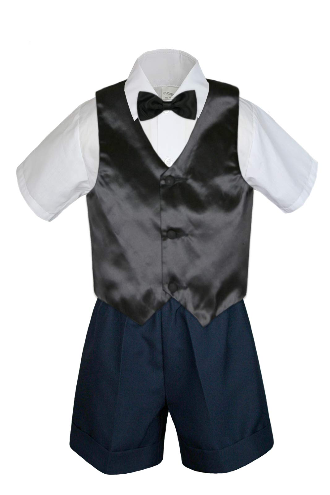 MILLTEX 4 Pieces Set Formal Party Wedding Color Satin Vest & Bow tie Shirt Navy Shorts Set New Born Baby Boy Toddler Sm-4T (M (6-12 Months Old), Black)