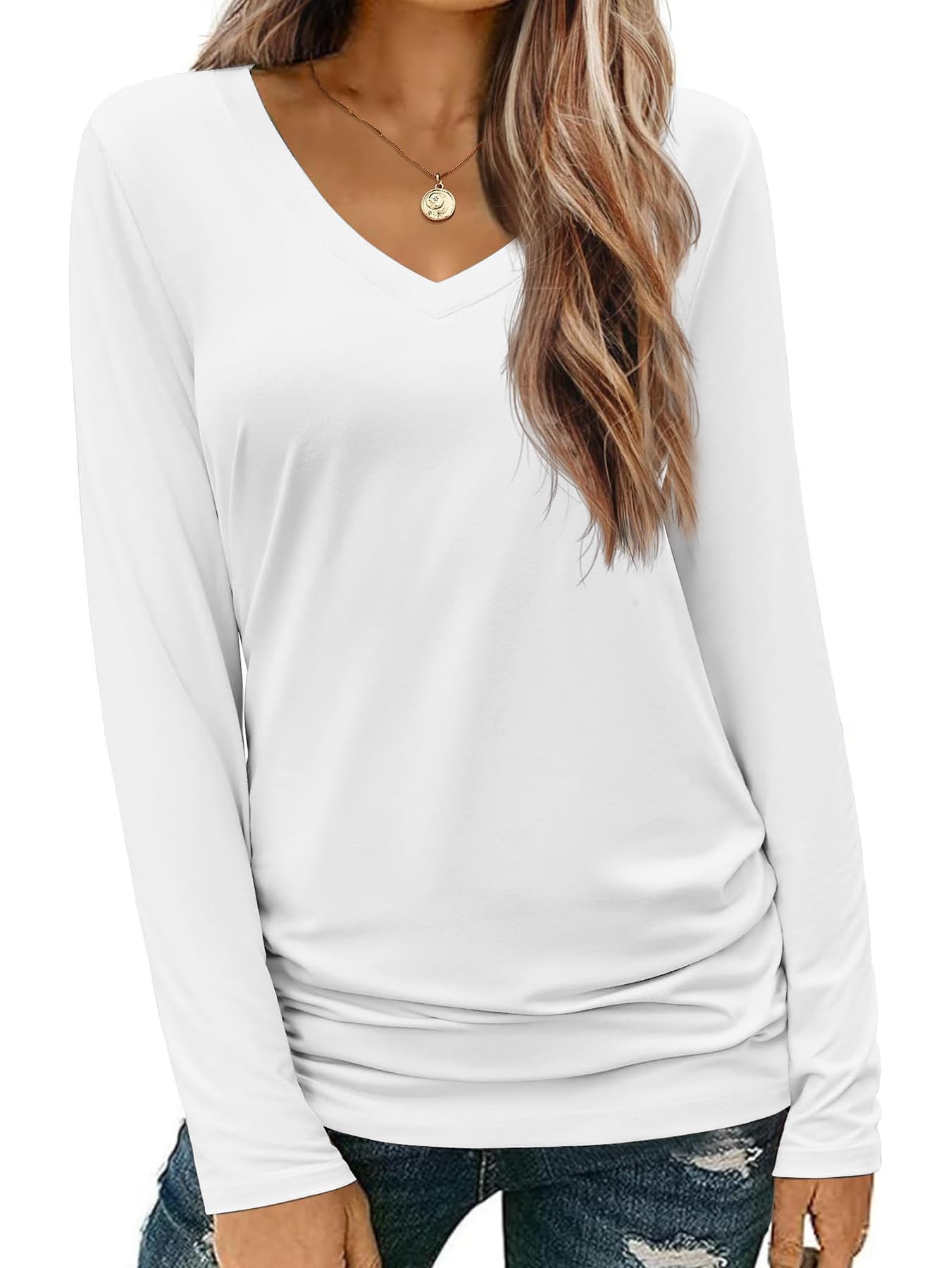 Générique T-Shirt Femme 2025 à Col V et Manches Longues - Lot de 3/5/10, Confortable et Basique pour Tenue de Travail ou Quotidienne