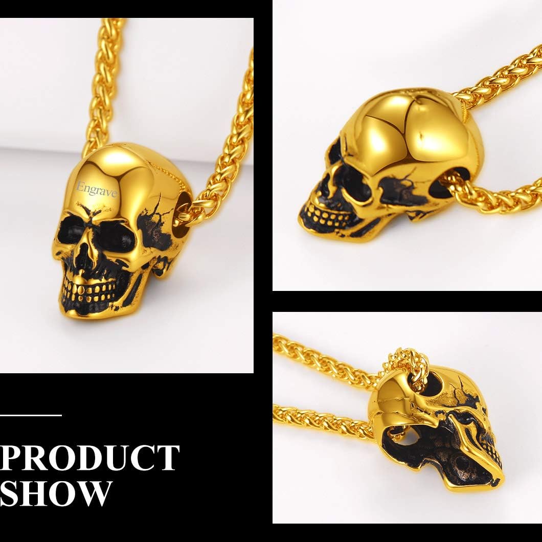 Richsteel Necklace Men Gothic Jewellery Gold Plated Pendant For Mens Goth Punk Skull Necklaces, 02. Skull/Gold Plated - Image 4