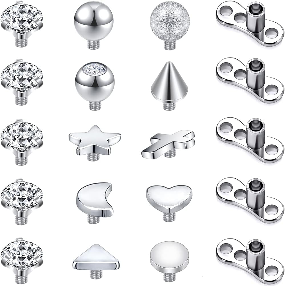 14G 4-20Pcs Surgical Steel Dermal Piercing Jewelry Cubic Zircon Micro Dermal Anchor Tops Titanium Base Dermal Piercing