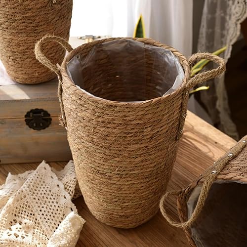 Miniatura 6 de ABOOFAN Jarrón de flores de ratán, cesta de paja, para macetas, cubierta de macetas, cesta de almacenamiento, cesta tejida a mano con forros de