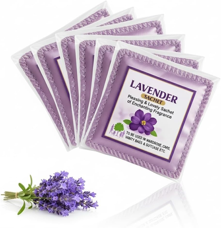 Lavender Fragrance Sachets (6 Pack) | Natural Lavender Powder |Eco-Friendly Cloth Pouch | Long-Lasting Freshener for Wardrobe,Cars, Bathroom, Closet, Saree, Cupboard
