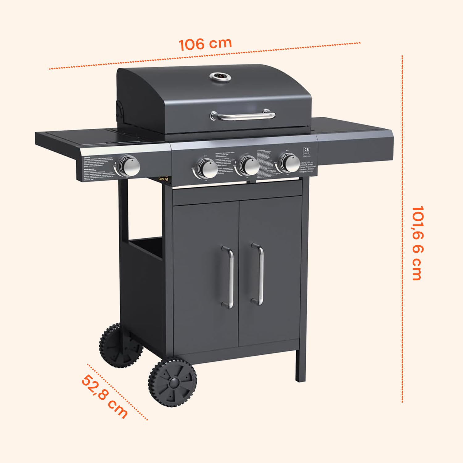 Avilia Barbecue a Gas GPL 3 Fuochi Fornello Laterale Griglia Acciaio Piastra Ghisa BBQ Termometro