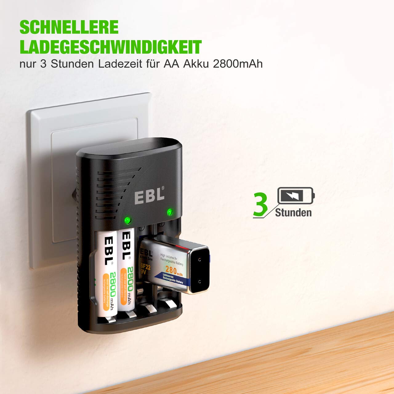 EBL Plug Caricabatterie Universale per AA e AAA 9V Ni-MH Batterie Ricaricabili, Carica Rapida, Indicatori LED Intelligenti