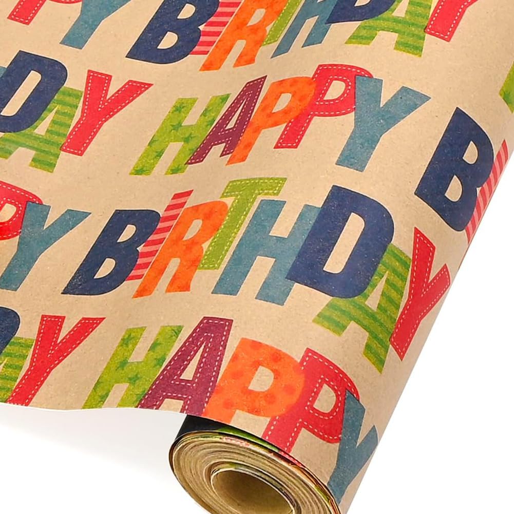 Viadom Kraft Birthday Wrapping Paper Roll 17 Inch x 33 Feet Colorful Happy Birthday Lettering Gift Wrapping Paper Perfect for Boys Girls Kids Party,