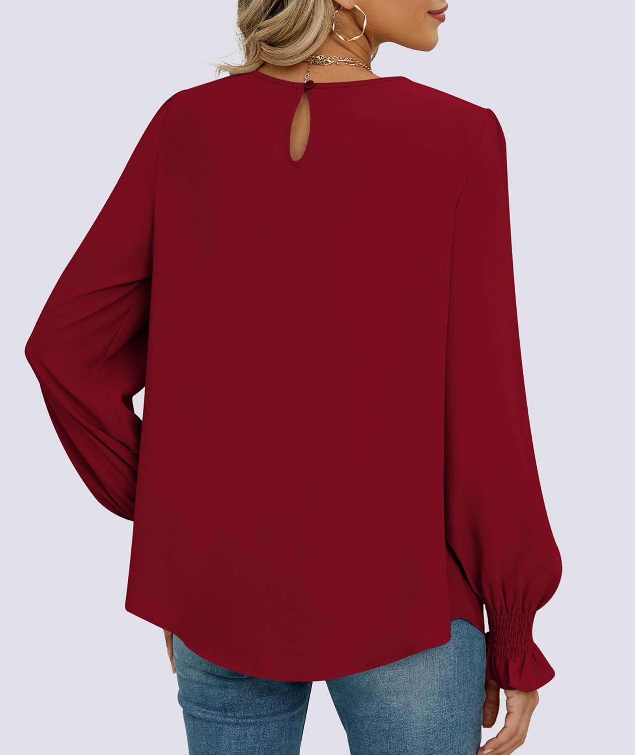 Funlingo Womens Tops Dressy Casual Smocked Long Sleeve Shirts Crew Neck Loose Chiffon Tunics Office Work Blouses - Image 5