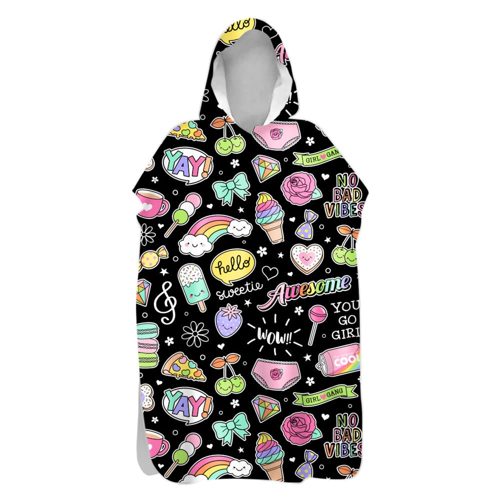 Treer Poncho Changing Robe Hooded, Dessert Cake candy Print Large Beach Towel Quick Dry Light Weight Blanket Towel with Hood for Surfing Swimming Wetsuit Adult Woman & Man (black,75x145cm)