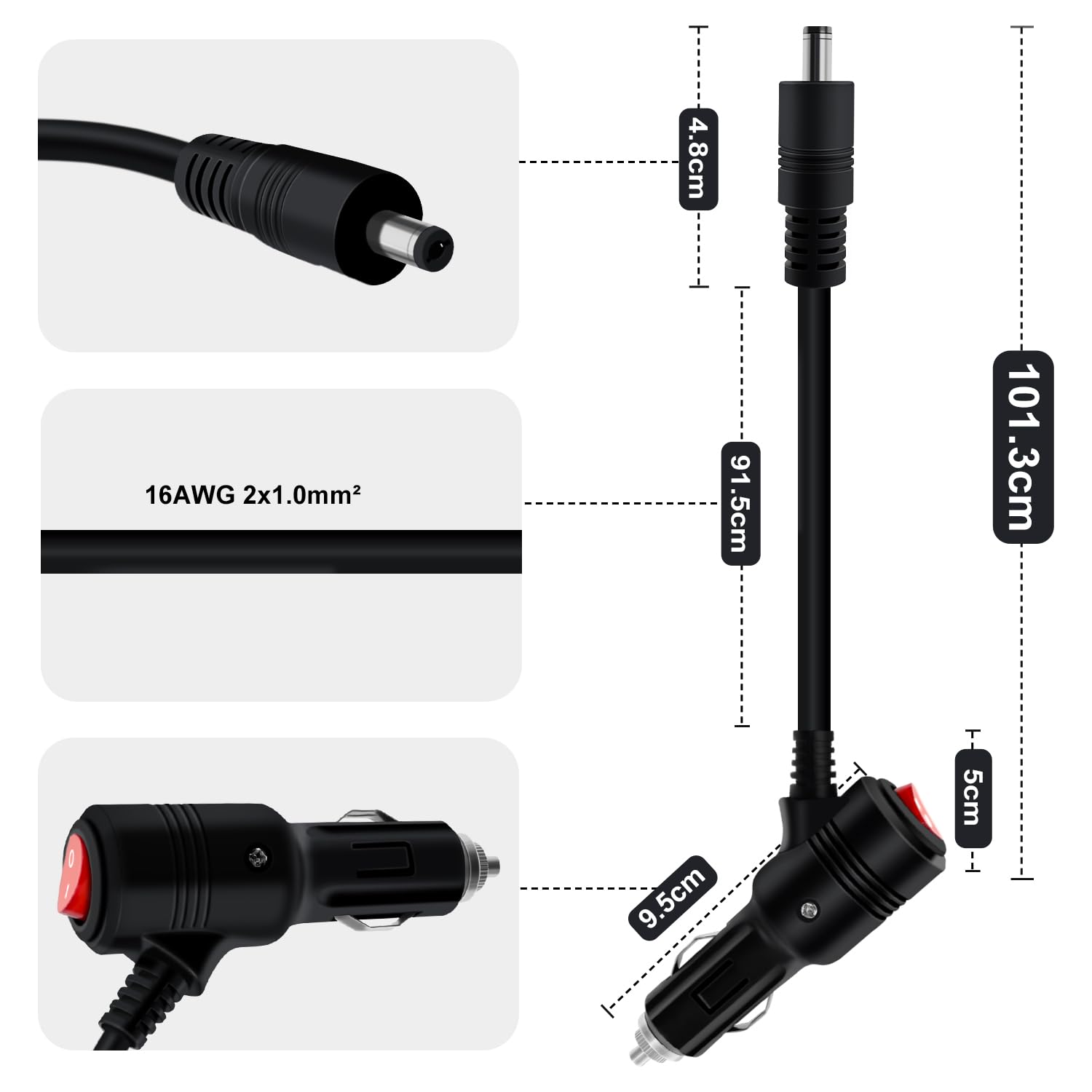 Kabel do Gniazda Zapalniczki 12V DC, Wtyk do Gniazda Zapalniczki do DC5521 z Przełącznikiem, 16AWG, 15A, do GPS, Kamery, Lamp LED (2m)