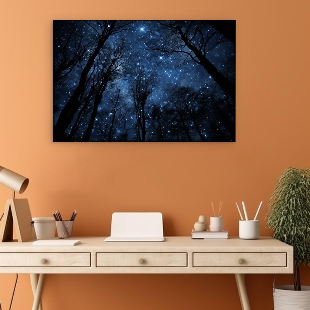 Canvas for Living room. Gazing Upwards: Serenity Among the Stars Through the Silhouetted Forest, 27 x 18 inch Canvas Wall Art - Contemporary Masterpieces - Modern Home Decor - 69x46 cm (27x18 inch)