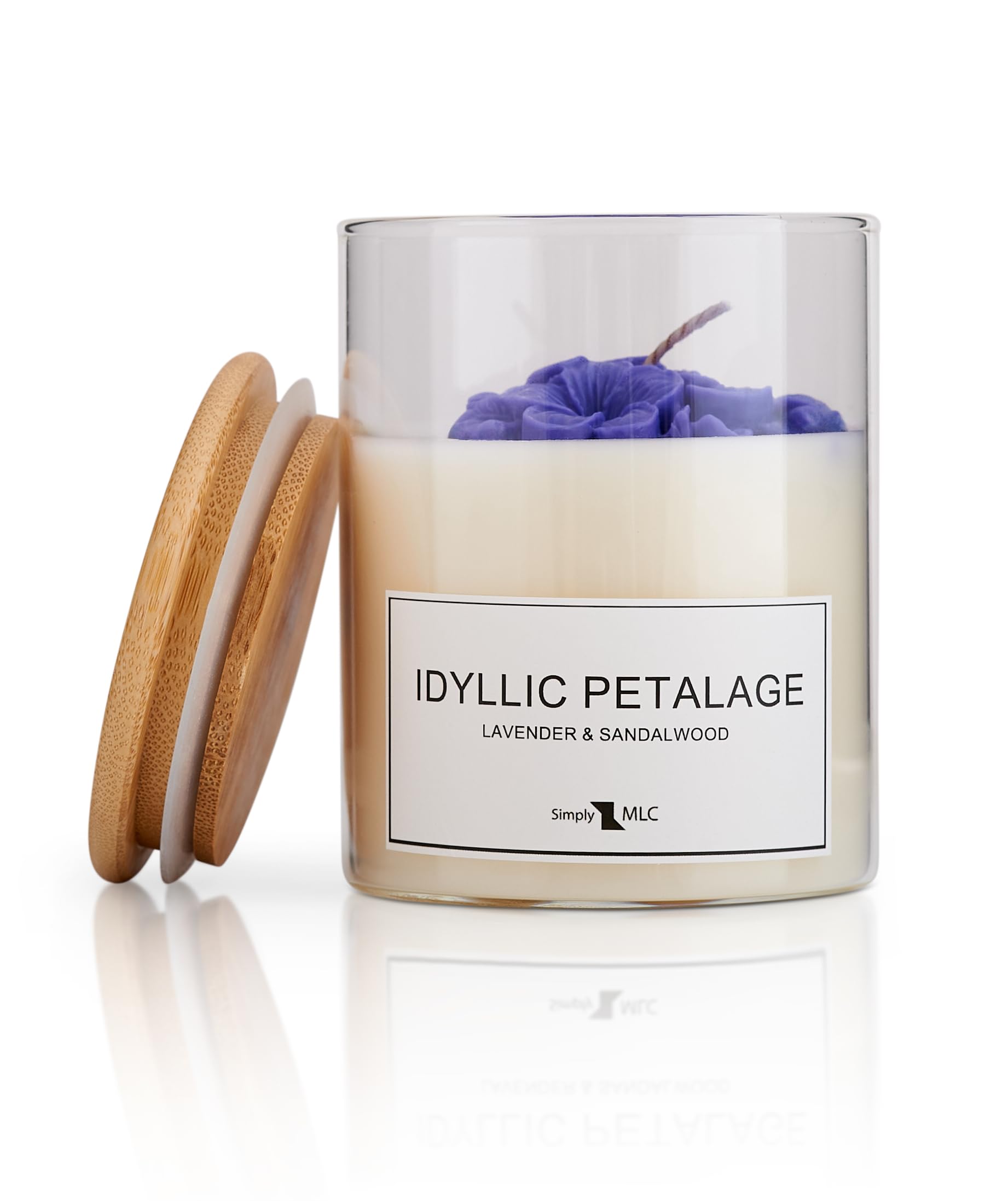 Simply MLC Idyllic Petalage Scented Candle – Lavender & Sandalwood Aromatherapy – 227g Soy Wax, Hand Poured, Glass Jar with Lid, Cotton Wick, 40hr Burn, Luxury Relaxing Gift