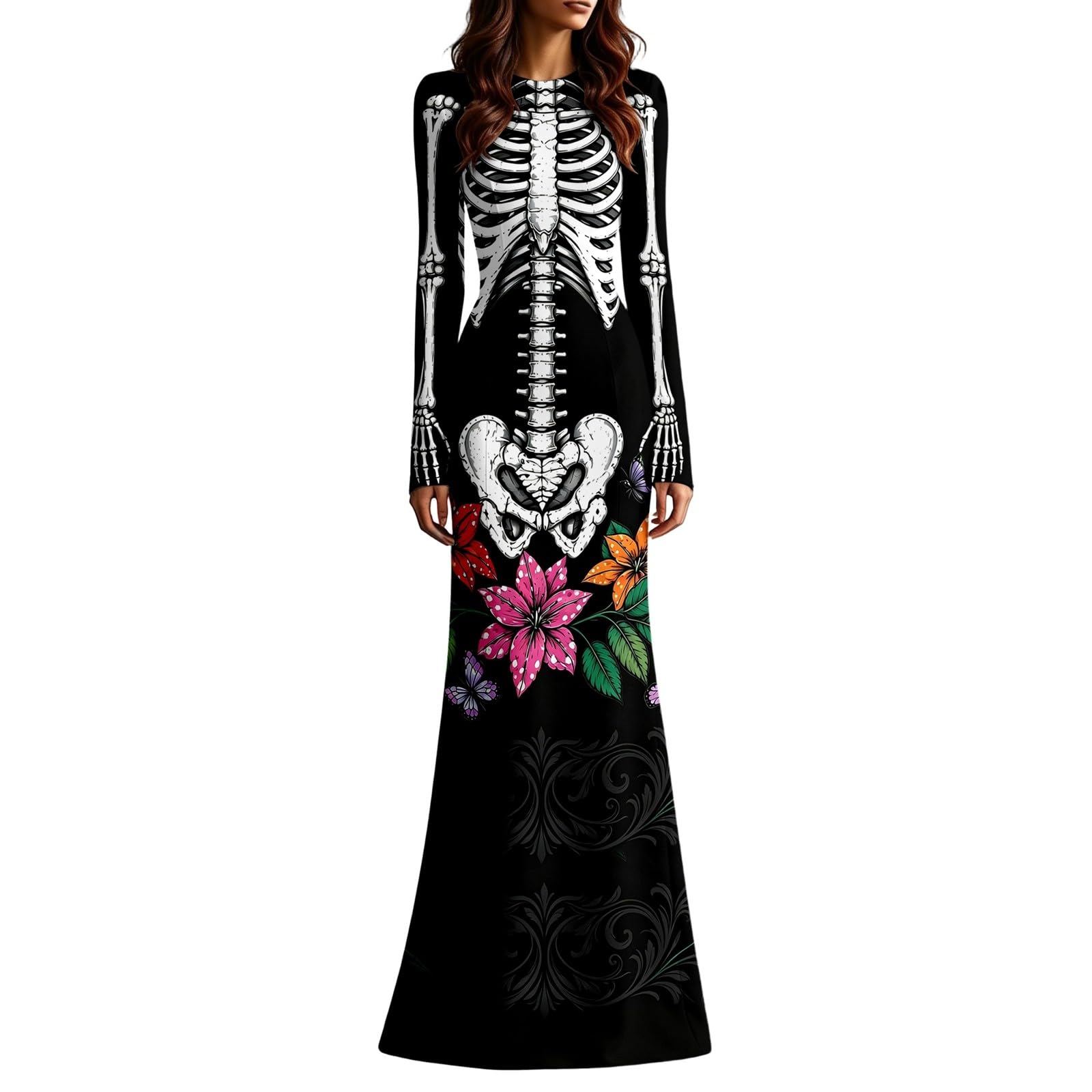 Women's Skeleton Print Mermaid Maxi Dress Long Sleeve Halloween Dresses for Women 3D Digital Print Floral Gothic Fancy Dress Costume