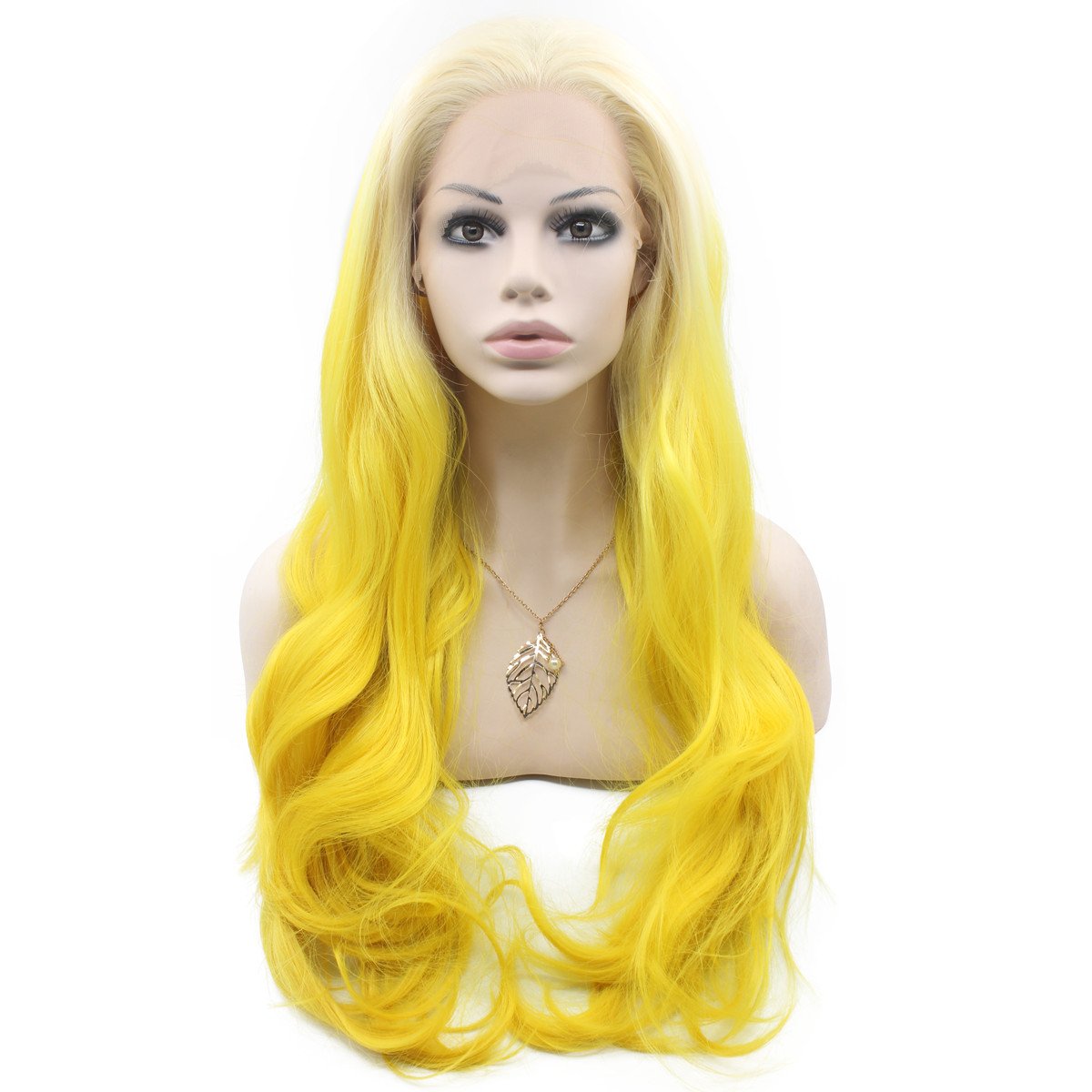 MX angel Long Wavy Synthetic Lace Front Blond Yellow Ombre Wig Glueless Half Hand Tied Ombre Cosplay Yellow Wig