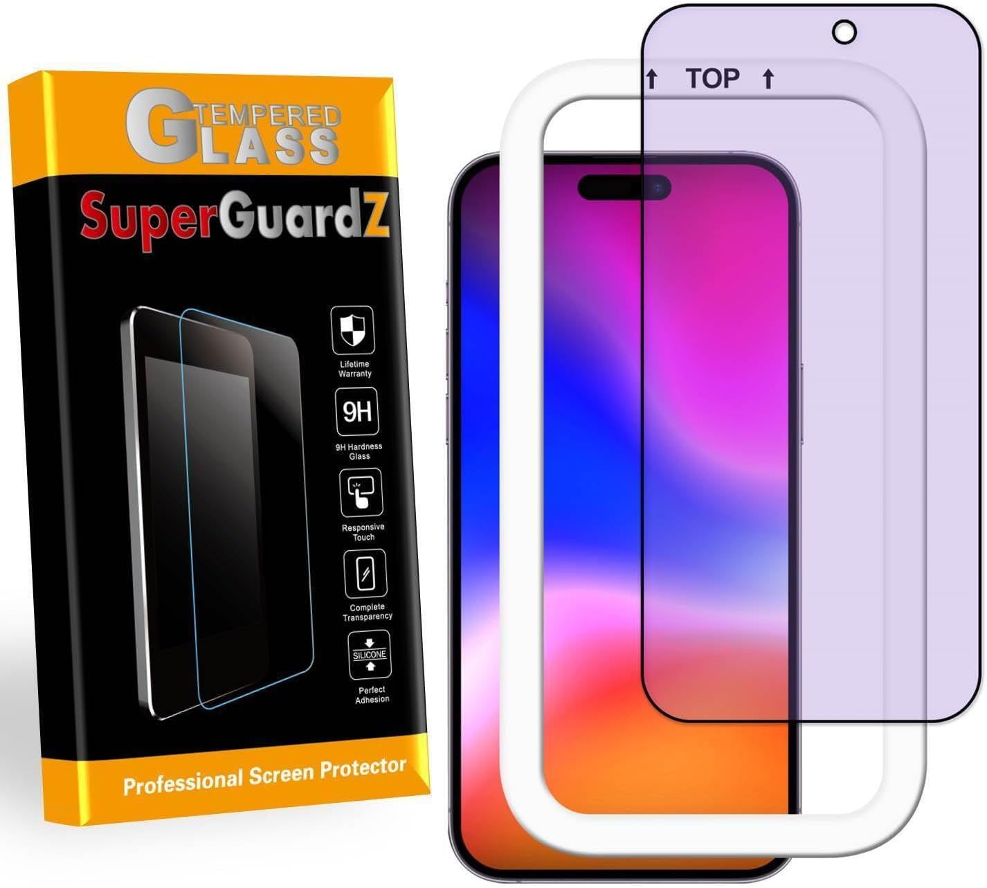 SuperGuardZ [2-PACK for iPhone 15 Pro Full Cover Screen Protector, Anti Blue Light Tempered Glass, Eye Protection, Anti-Scratch +Install Tray