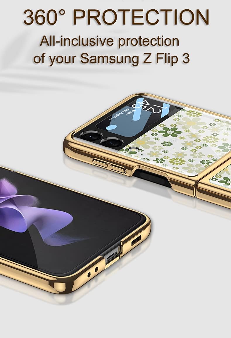 SHIEID Z Flip 3 Case, Z Flip 3 Case Ultra-Thin Tempered Glass Phone Case Protective Cover for Galaxy Z Flip 3 5G Fashion Electroplated PC Back Cover, Flowers-1