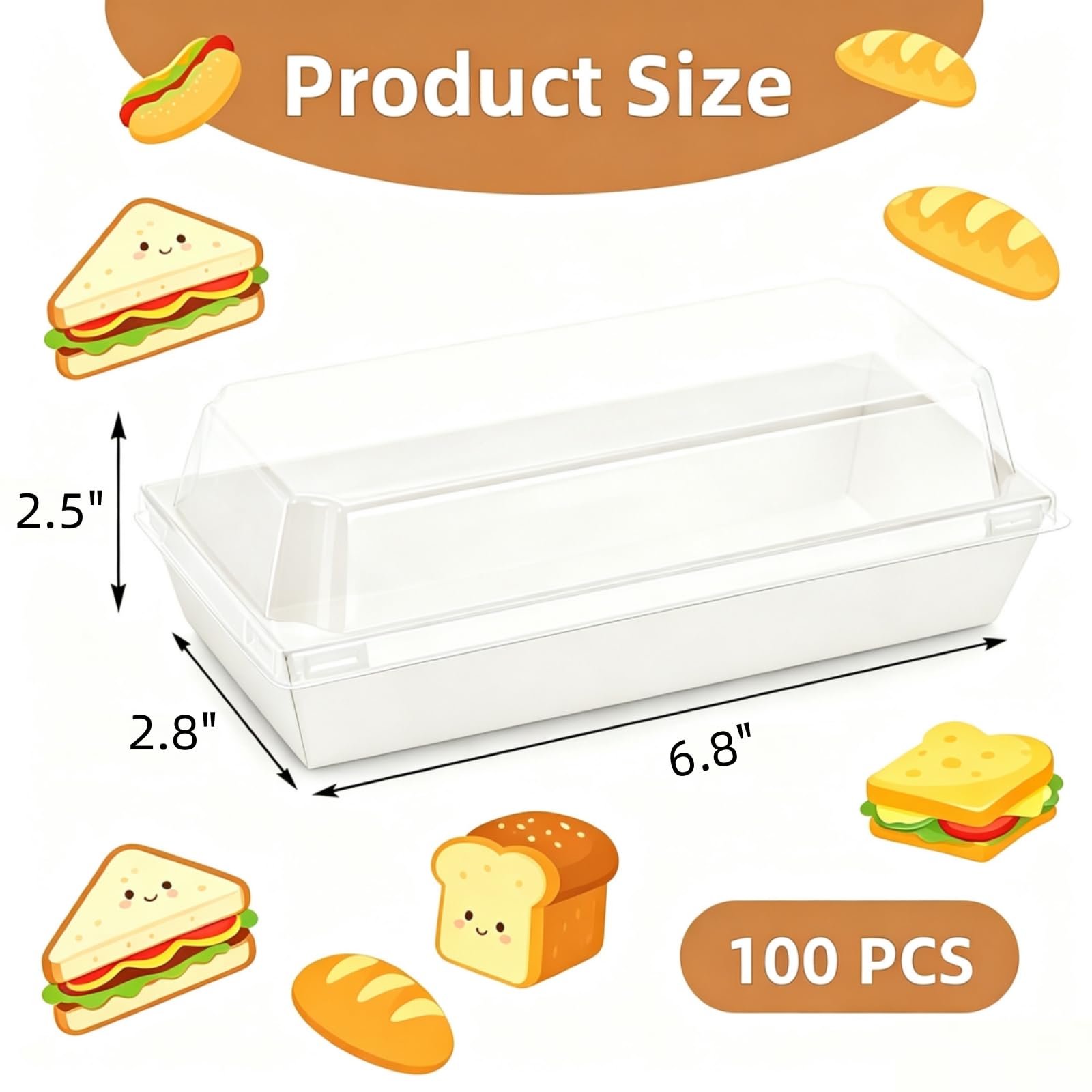 Dicunoy Paquete de 100 cajas de sándwich con tapas transparentes, cajas de papel para alimentos, bandeja rectangular para alimentos para sushi, pastel suizo, sándwich, galletas, frutas, bombas de