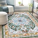 U'Artlines Boho Vintage Area Rug 5x7 Machine Washable Low Pile Soft Floor Carpet Non Slip Non Shedding Accent Rug for Living Room Bedroom Entryway Dining Room Office Green