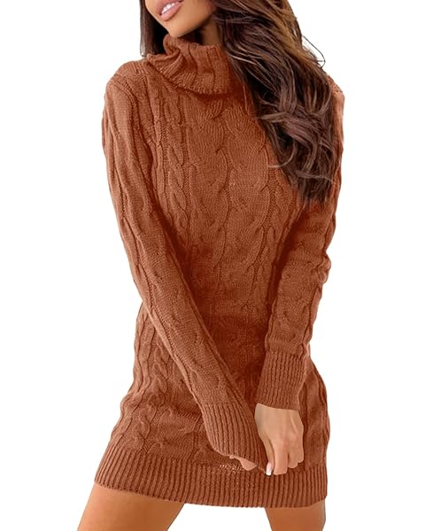 Langwyqu Womens Cable Knit Sweater Dress Sexy Long Sleeve Bodycon Turtleneck Mini Fall Sweaters Dresses