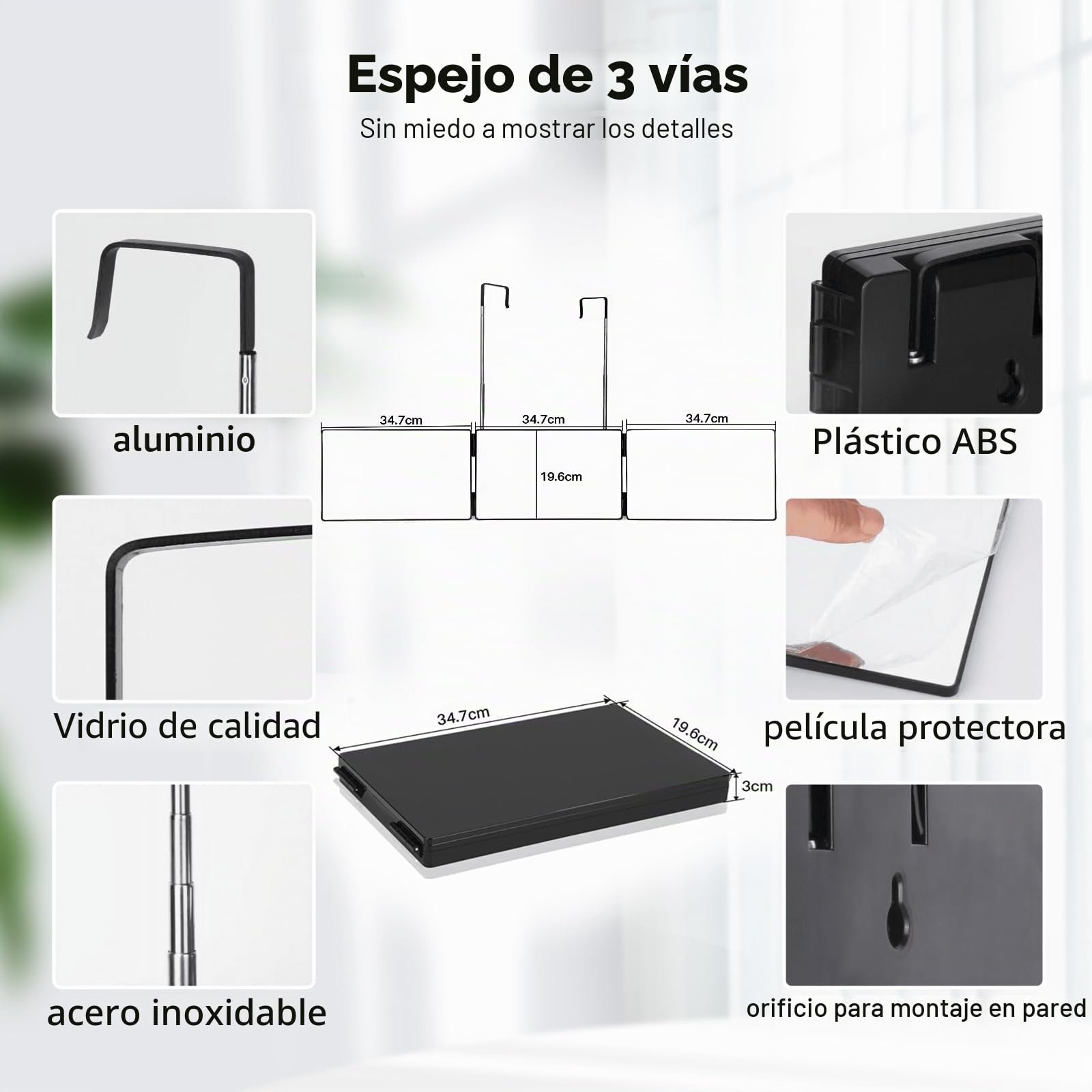 Espejo de 360 Grados - Espejo de Pelo autocortable Espejo de Afeitado Plegable con Gancho Ajustable en Altura Espejo cosmético Ajustable para el baño peinarse y Mucho más