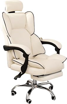 Office Gaming Computer Desk Chair Ergonomic Home Leather Chair Footrest Latex Seat Cushion Swivel Comfortable Luxury Executive Chair for Weighted People, Height Adjustable Recliner Back White