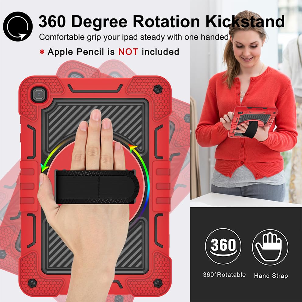 Etui na tablet Honor Pad X8 AGM3-W09HN 25.7 cm, etui na tablet, odporne na wstrząsy, z obrotowym stojakiem o 360° i paskiem na nadgarstek, pasek na ramię, duże, czerwone + czarne