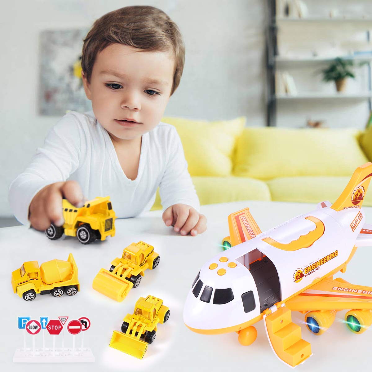 SHANNA Flugzeug Spielset - Flieger Kinder Trägheitsrad mit Fahrzeugen Lernspielzeug Set, 1 großes Flugzeug, 4 legierte Autos für Kleinkinder ab 3 Jahren (Baufahrzeuge - Gelb)