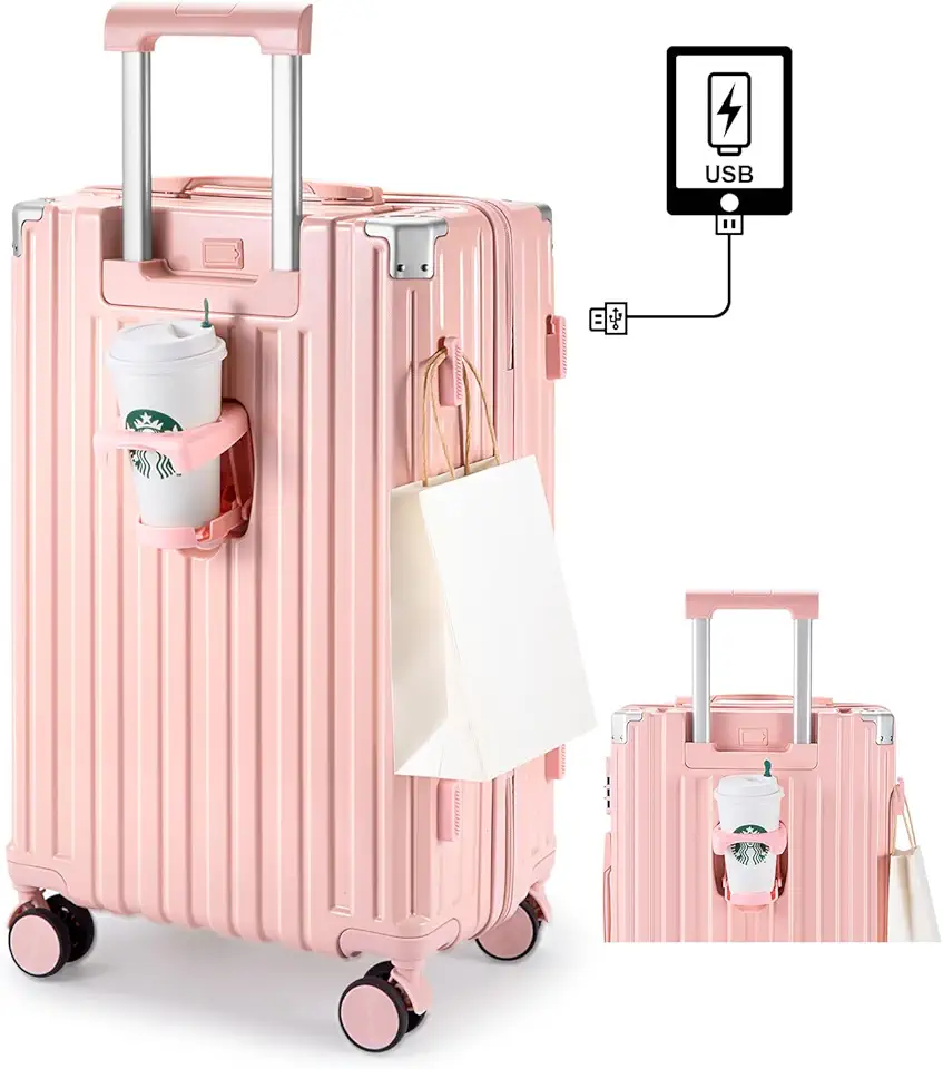 スーツケース 機内持ち込み キャリーケース カップホルダー付き キャリーバッグ USBポート付き 隠しフック機能 充電機能 大型 静音 ダブルキャスター 耐衝撃 360度回転 軽量 修学 泊まる 旅行
