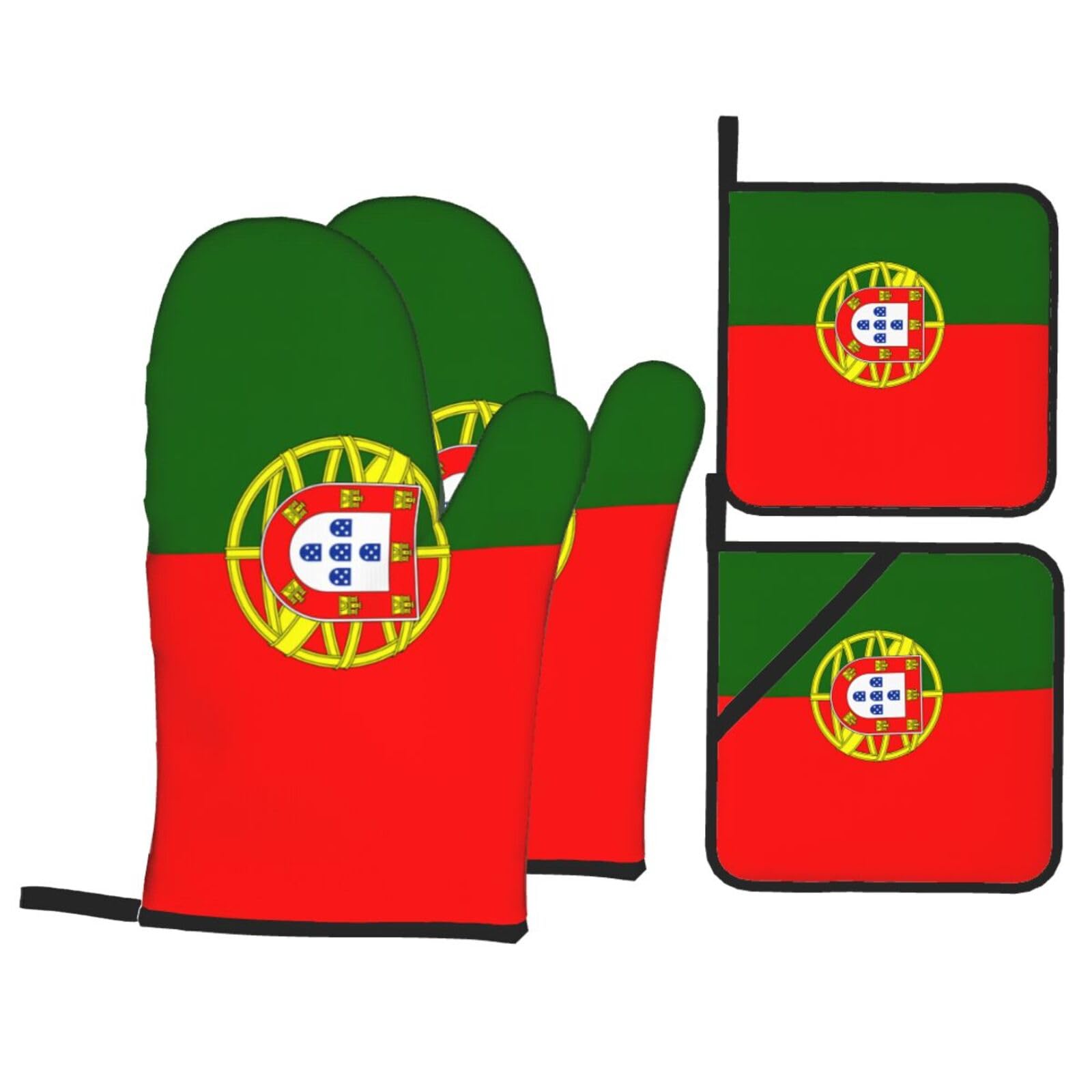 Nimongt Black Portuguese Flag Print Heat-Resistant 4-Piece Oven Kitchen Gloves For Baking Cooking Microwaving Essentials