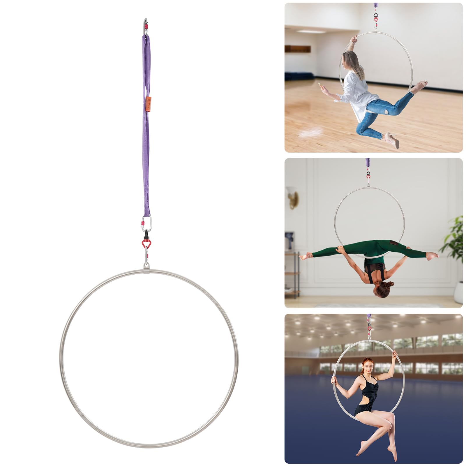 Aerial Hoop - Anello da circo per acrobazie, yoga, ginnastica, montaggio a soffitto, cinghia rotonda, 1 m, capacità di carico 10 kN, connettore girevole 30 kN con 3 moschettoni di sicurezza per
