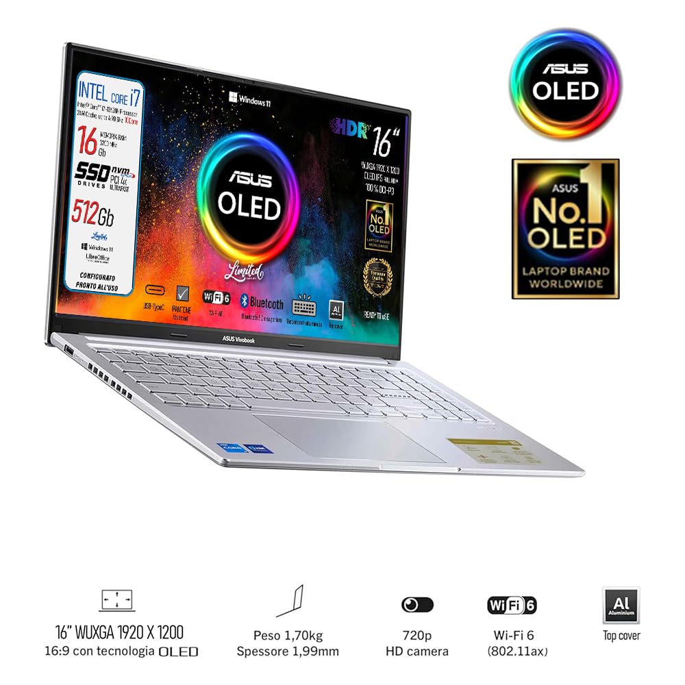 ASUS Notebok Vivobook OLED 16" pantone valitated, Intel I7 13620H, Ram 16Gb, SSD Pci Nvme 512Gb, Windows 11, wi-fi 6, webcam, Usb3.2, Hdmi, Bt5.3, Tastiera retroilluminata, Preconfigurato - 3