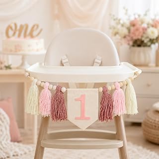 1st Birthday High Chair Banner, Boho Tassel Wooden Bead Hanging Decor, Pre-Made Fun To Be One Party Decoration for Photoshoot & Backdrop(Pink)