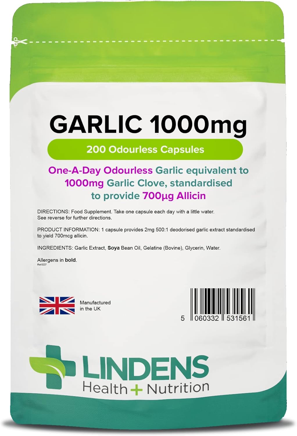 Lindens – Garlic 1000mg – 200 Odourless Capsules – UK Made – One-A-Day – Standardised to Provide 700mcg Allicin (Equivalent to 1000mg Fresh Garlic) – 6+ Months Supply – GMP & Letterbox Friendly