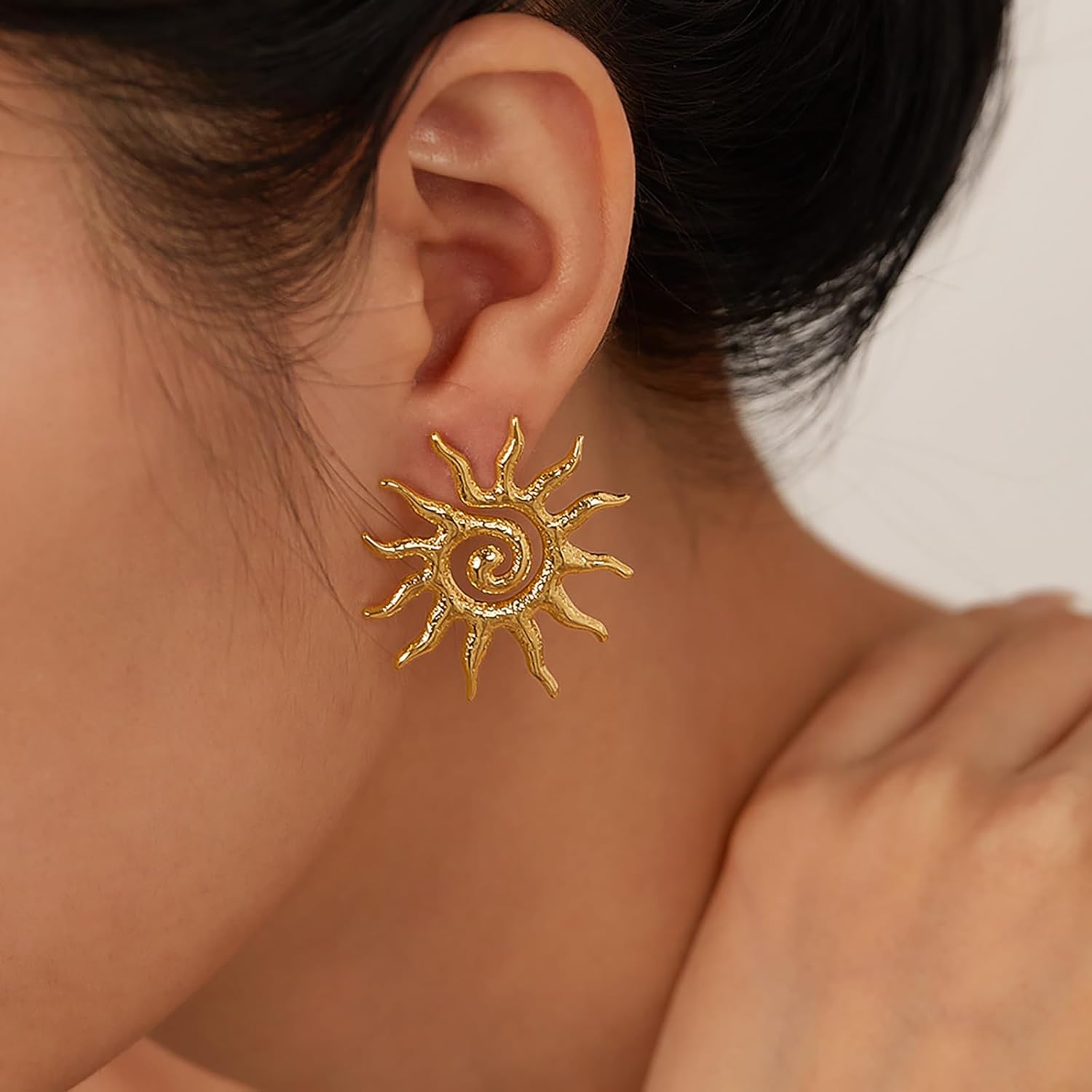Gold Sun Stud Earrings for Women Radiant Sunburst Spiral Design, Lightweight Boho Chic Jewelry