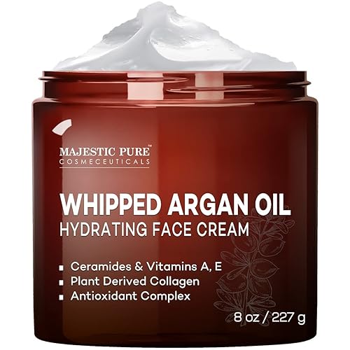 MAJESTIC PURE Crema facial hidratante de aceite de argán batido para mujeres y hombres con vitamina E A colágeno y ceramidas hidrata la piel seca la