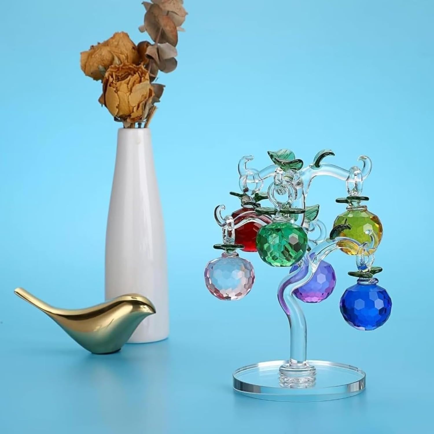 Honey Zone クリスタルガラス製リンゴの木 卓上風水飾り 人工リンゴの