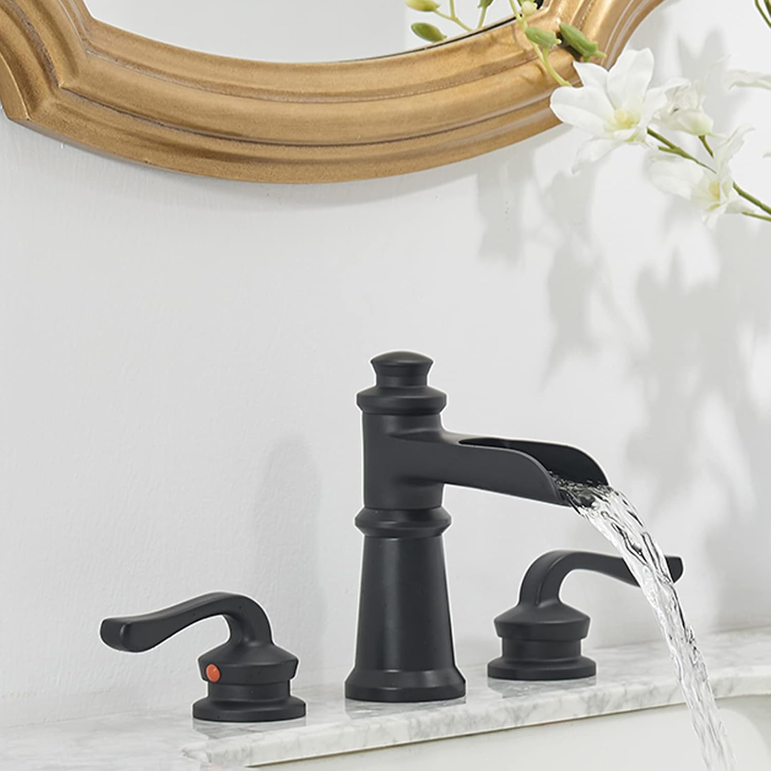 Black Waterfall Bathroom Faucet 8 Inch Widespread Bathroom Faucet 2-Handle Farmhouse 3 Holes Vanity Faucets with Pop Up Drain Assembly Overflow and Supply Line Mixer Tap by Homevacious