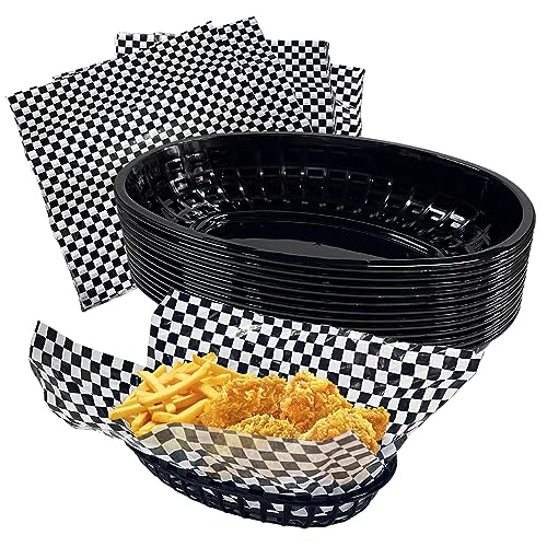 Rainmae Plastic Food Baskets with Deli Liners, 12 Fast Food Baskets, Oval Tray and Liners Reusable Chip Basket for Burgers, Sandwiches, Snacks, Candy Fruits, Restaurant Tray - Retro Style