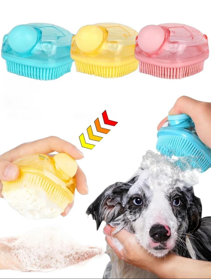 "Pet Bath Brush with Soap Reservoir, Soft and Non-Slip Bristles - Great for Dogs and Cats, Massager and Hair Cleaner - Easy to Use and Anti-Spill" (Pink)