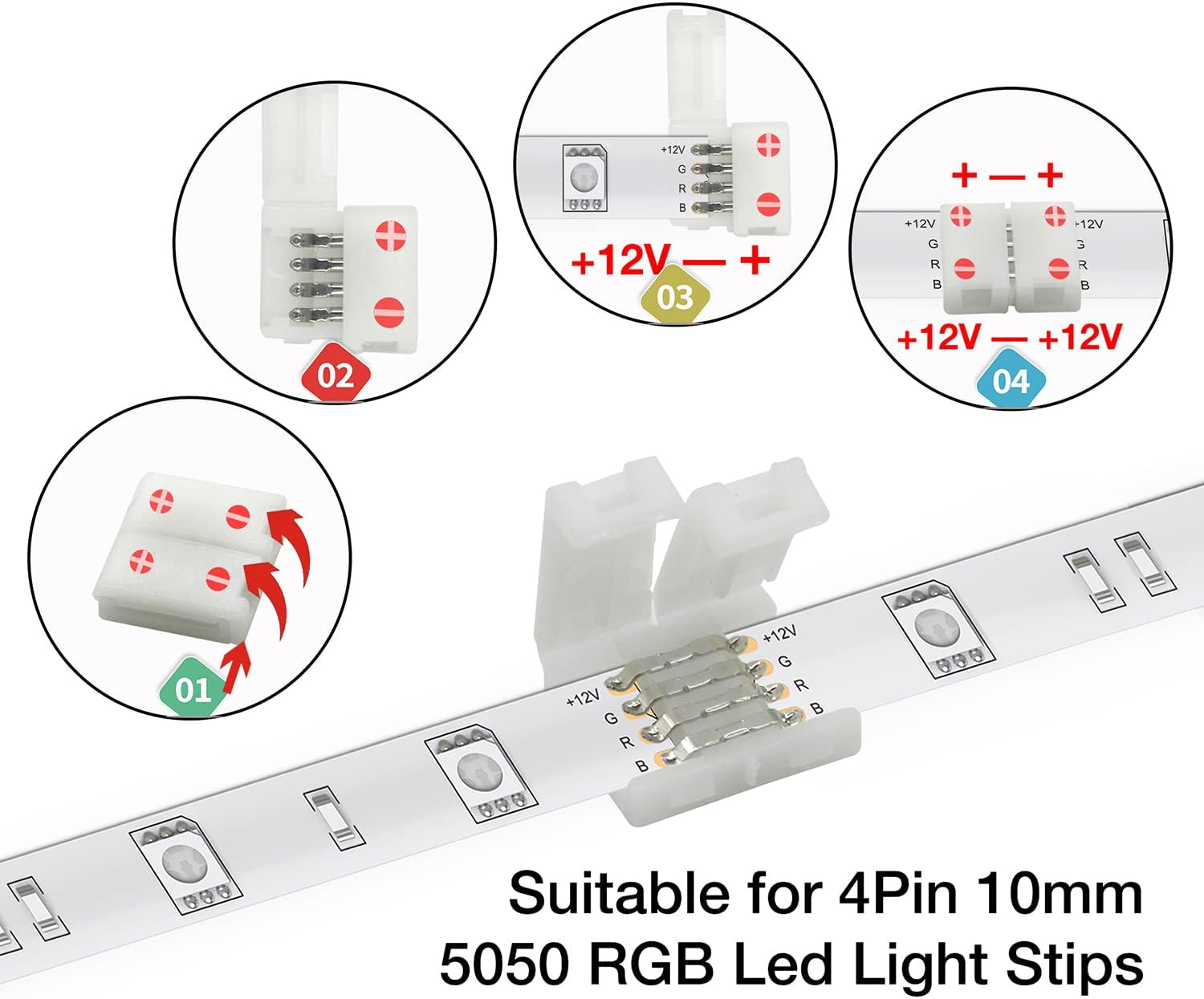 DAYBETTER 20 Pcs 4 Pin Led Light Connectors, 10mm Wide Led Connectors Unwired Gapless Solderless Adapter Clips for SMD 5050 RGB Multicolor Strip Lights, Strip Connectors for DIY - Image 2