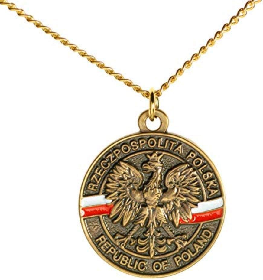 Polart Polish Eagle Necklace, Pendant Antique Gold Plated Necklace with Polish Flag Banner in Background for Men
