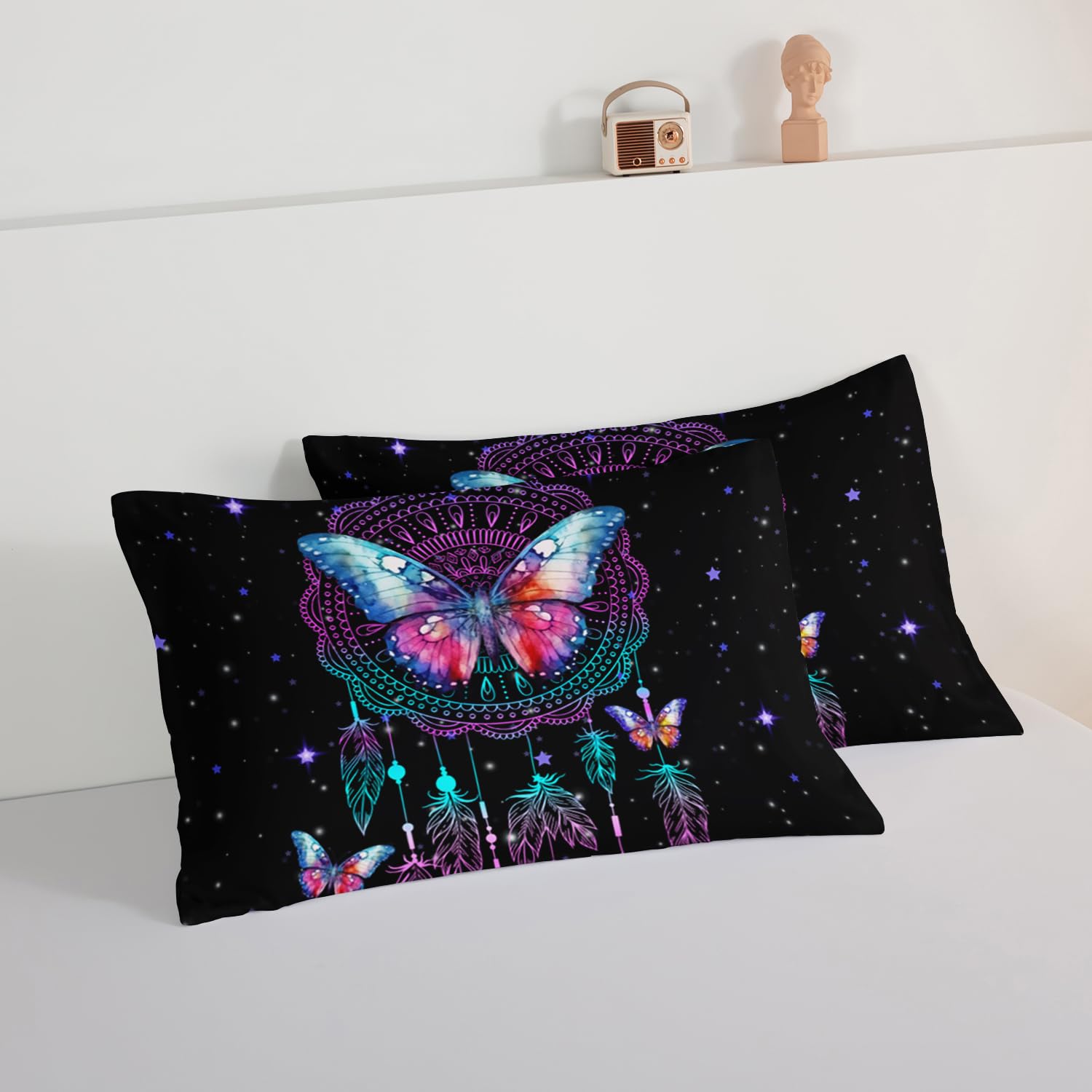 HOSIMA Traumfänger-Bettwäsche-Set für Mädchen, Schmetterlings-Federn, Traumgeschichten, Tröster-Set, Kidcore, Raumdekoration, ästhetisch, Galaxie, Sternenhimmel, schwarz, Bettdecke in voller Größe mit