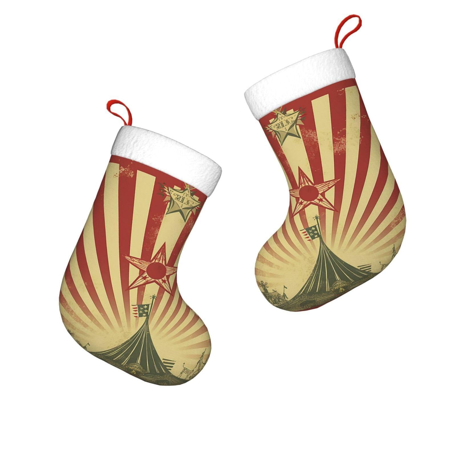 FodPand 17.7" Christmas Stocking 1 Piece, Vintage Circus Background Xmas Stockings with White Plush Cuff Fireplace Hanging Stocking for Christmas Holiday Party Decoration