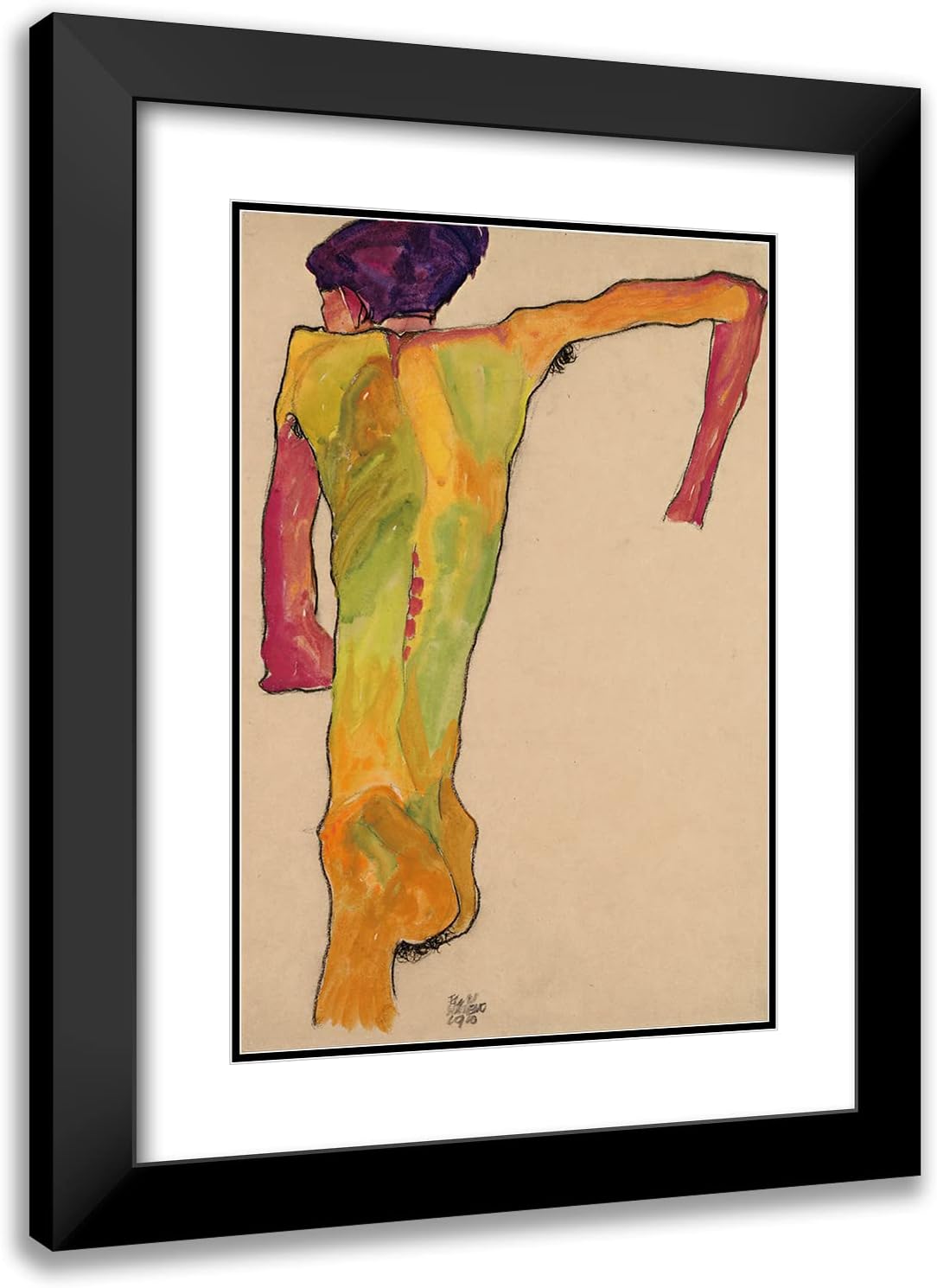 ArtDirect Egon Schiele 13x18 Black Modern Frame and Double Matted Museum Art Print Titled - Male Nude, Propping Himself Up (1910)