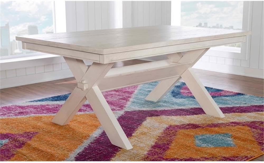 Pemberly Row Rectangular Wood Dining Table, 70" w x 42" d x 30" h, Smokey White Finish, Rubberwood MDF Ash Veneer, X-Base Trestle Design, Storage Shelf, Farmhouse Style Kitchen or Dining Room Table